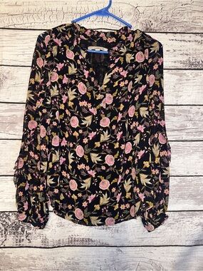 LOFT Black Floral Sheer Peasant Blouse Boho Long Sleeve Top Small